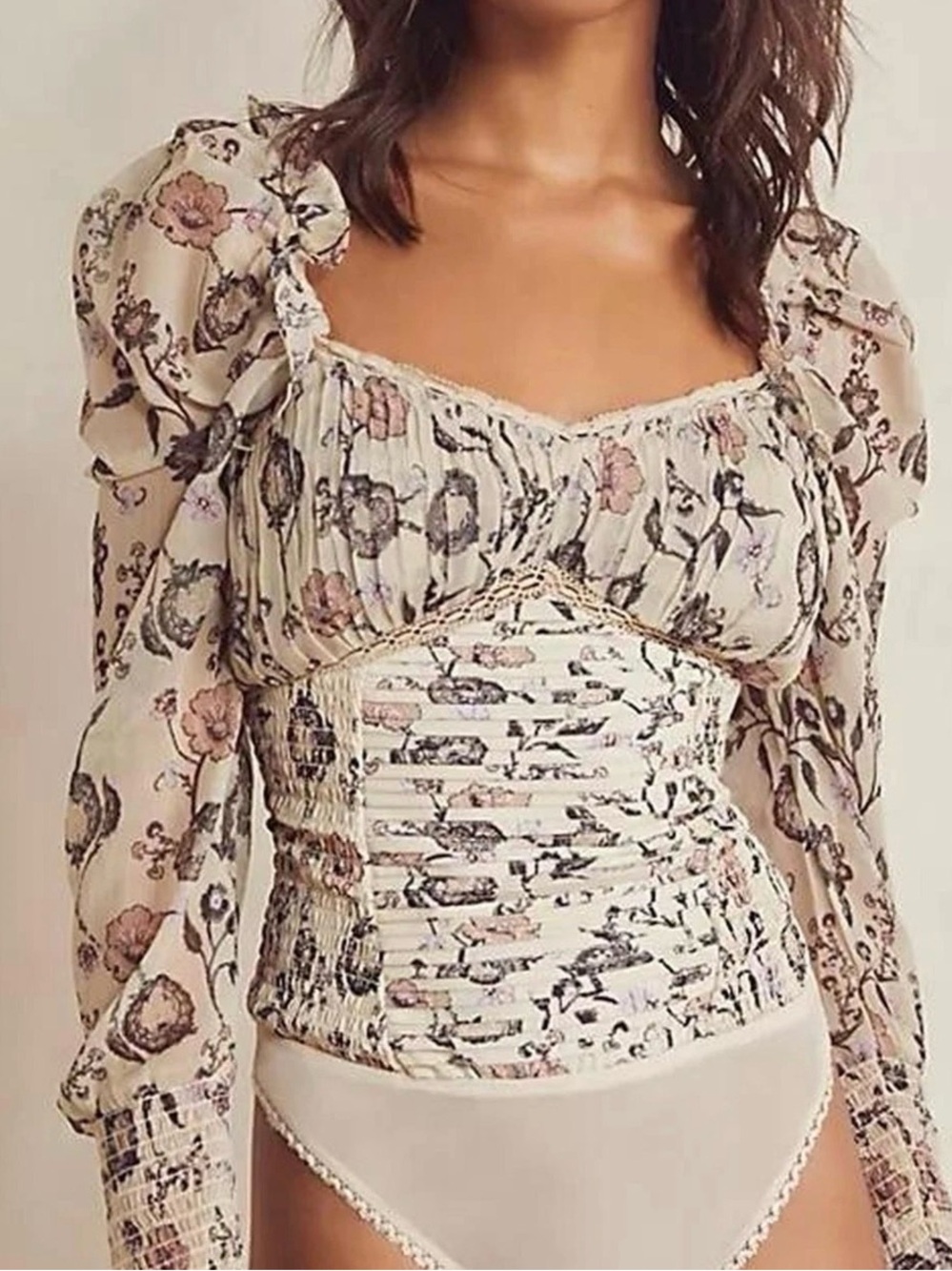 NWT Free People Intimately Floral Smocked Lace Bodysuit Ivory XS